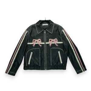 Diddi Moda Leather Jacket Full Zip Striped Grunge Bomber Jacket Black Size Small